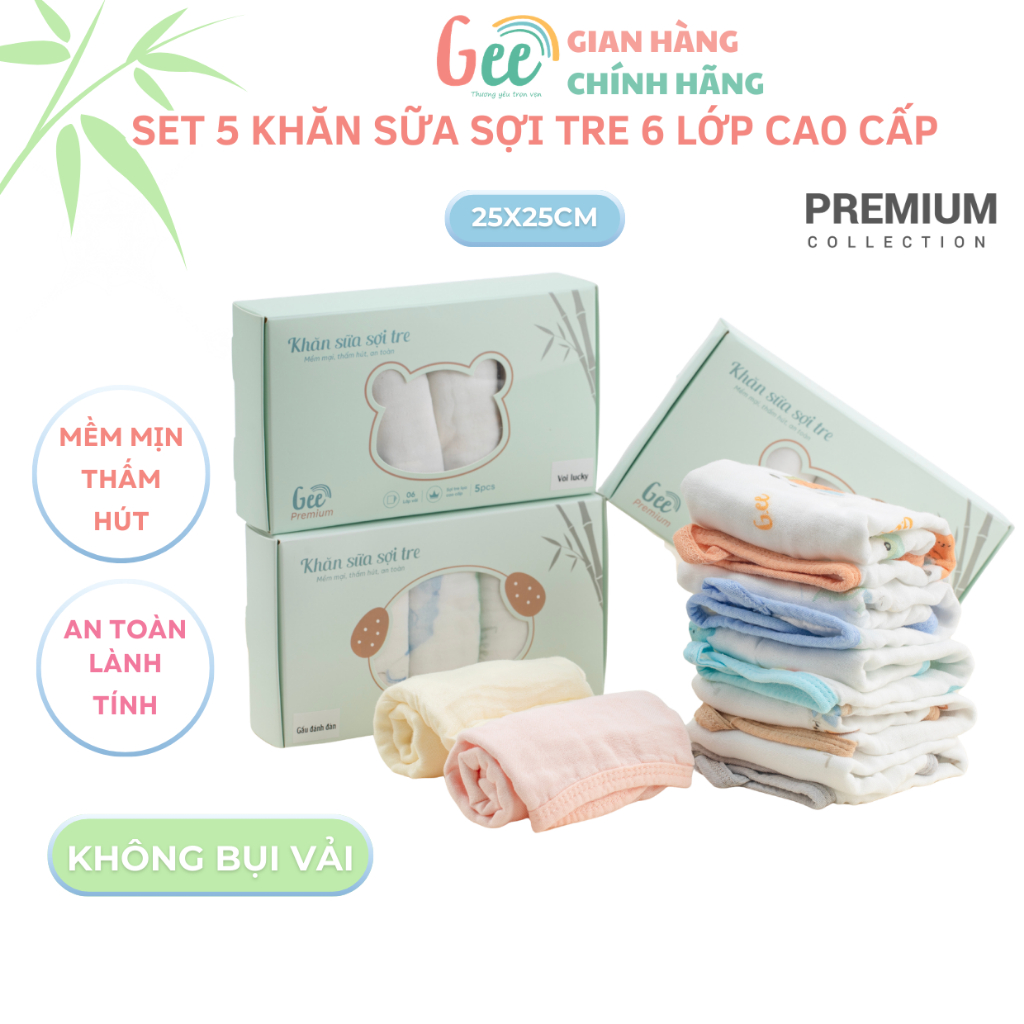 Set 5 khăn sữa sợi tre Gee 6 lớp premium siêu mềm mướt, không bụi vải, an toàn, lành tính, kích thước 25x25cm