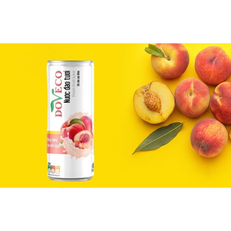 Nước Trái Cây DOVECO 320ml – Cam Vinh, Đào Sơn La, Vải, Xoài, Dứa, Chanh Leo – Lon/Lốc/Thùng