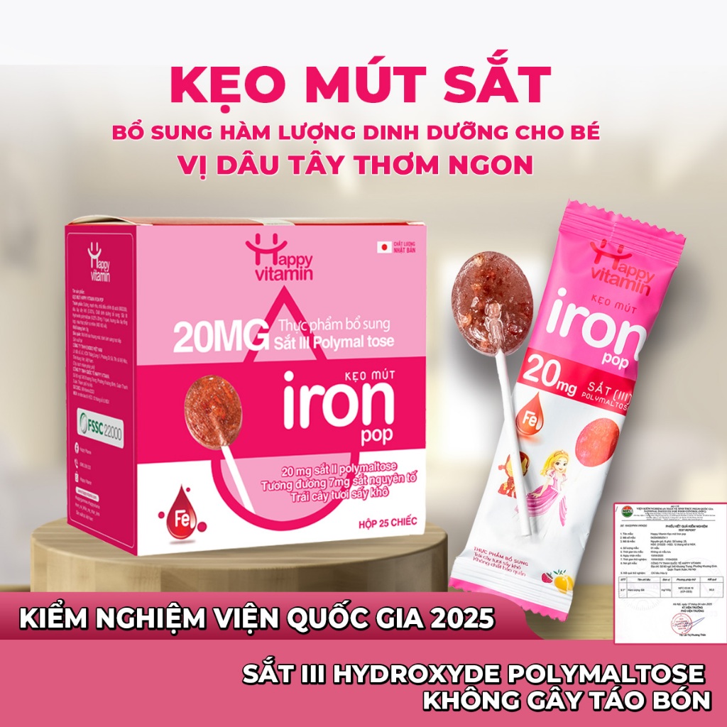 Kẹo mút bổ sung Sắt Happy Vitamin - Hỗ trợ đề kháng khỏe, phát triển toàn diện cho trẻ Hộp 25 Que