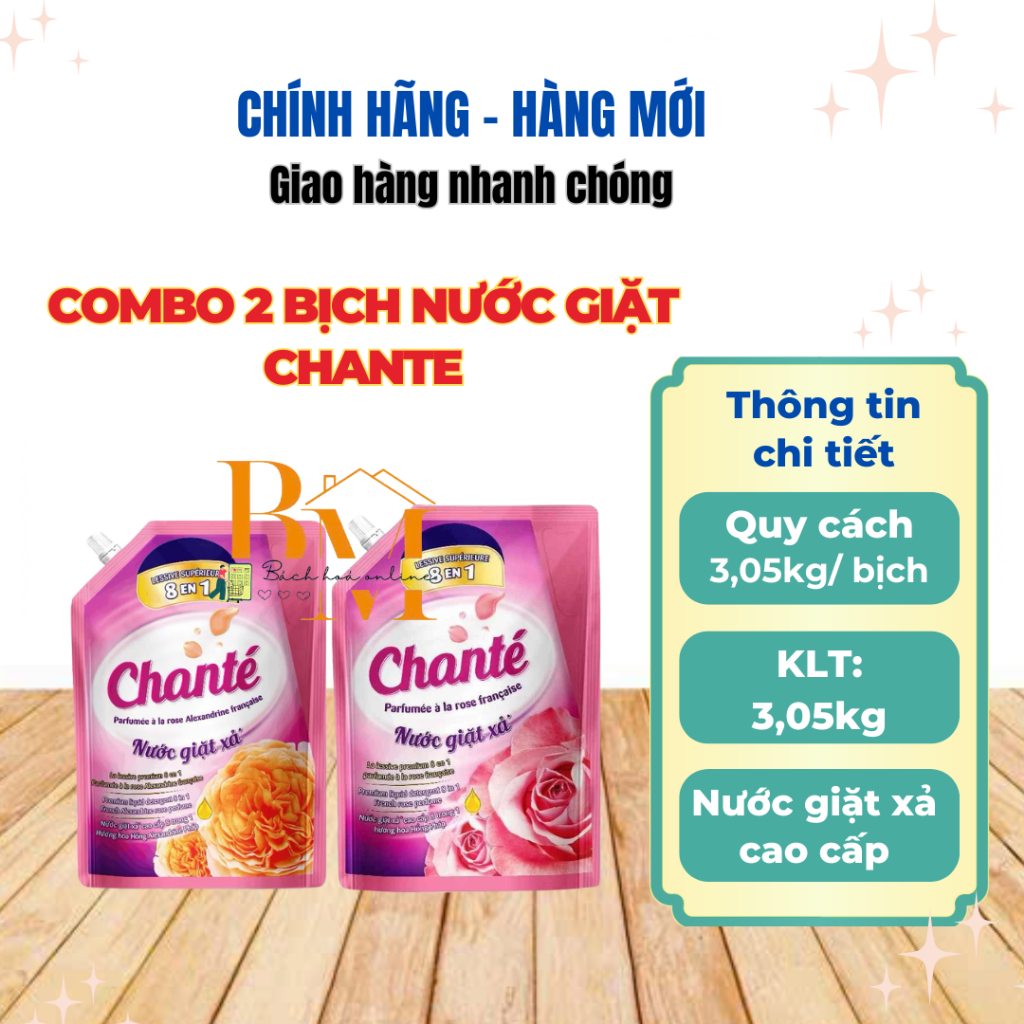 Combo 2 Túi Nước Giặt Xả Chanté Cao Cấp 8 Trong 1 Hương Hoa Hồng Pháp, Hương Hoa Hồng Alexandrine Pháp 3,05kg 1 Túi