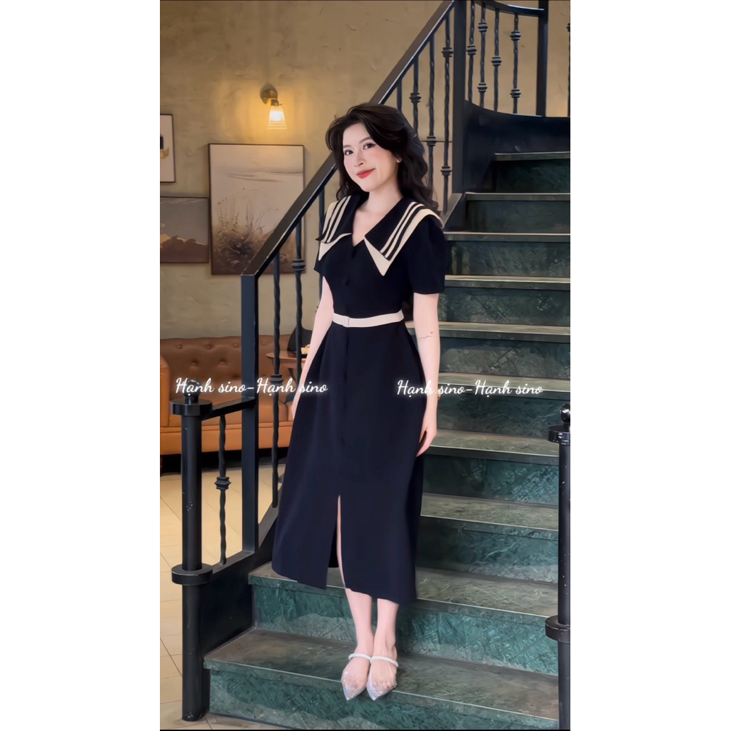 Hạnh sino.97 Váy xanh than viền nude kẻ cổ V mới