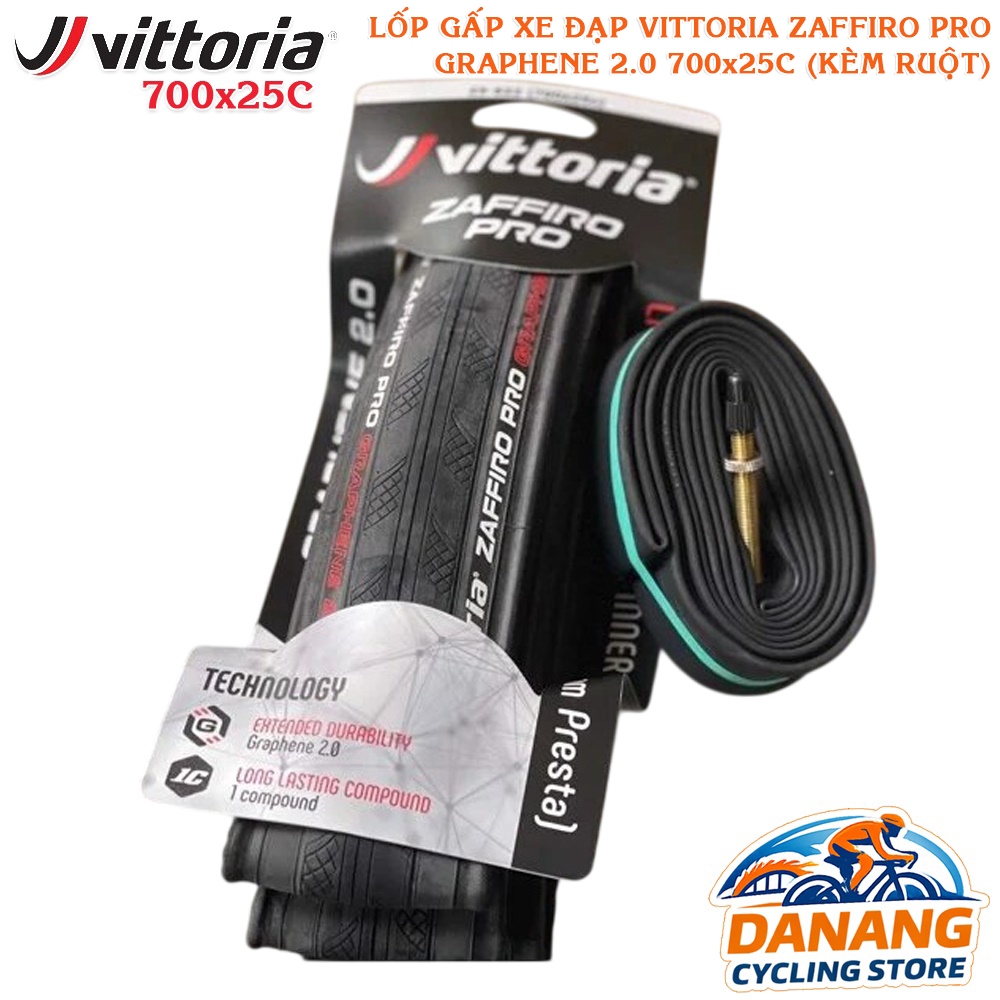 Bộ Lốp Gấp + Ruột Xe Đạp VITTORIA Zaffiro Pro Graphene 2.0 700x25C – Tank Mềm, Độ Bền Cao, Bám Đường Tốt
