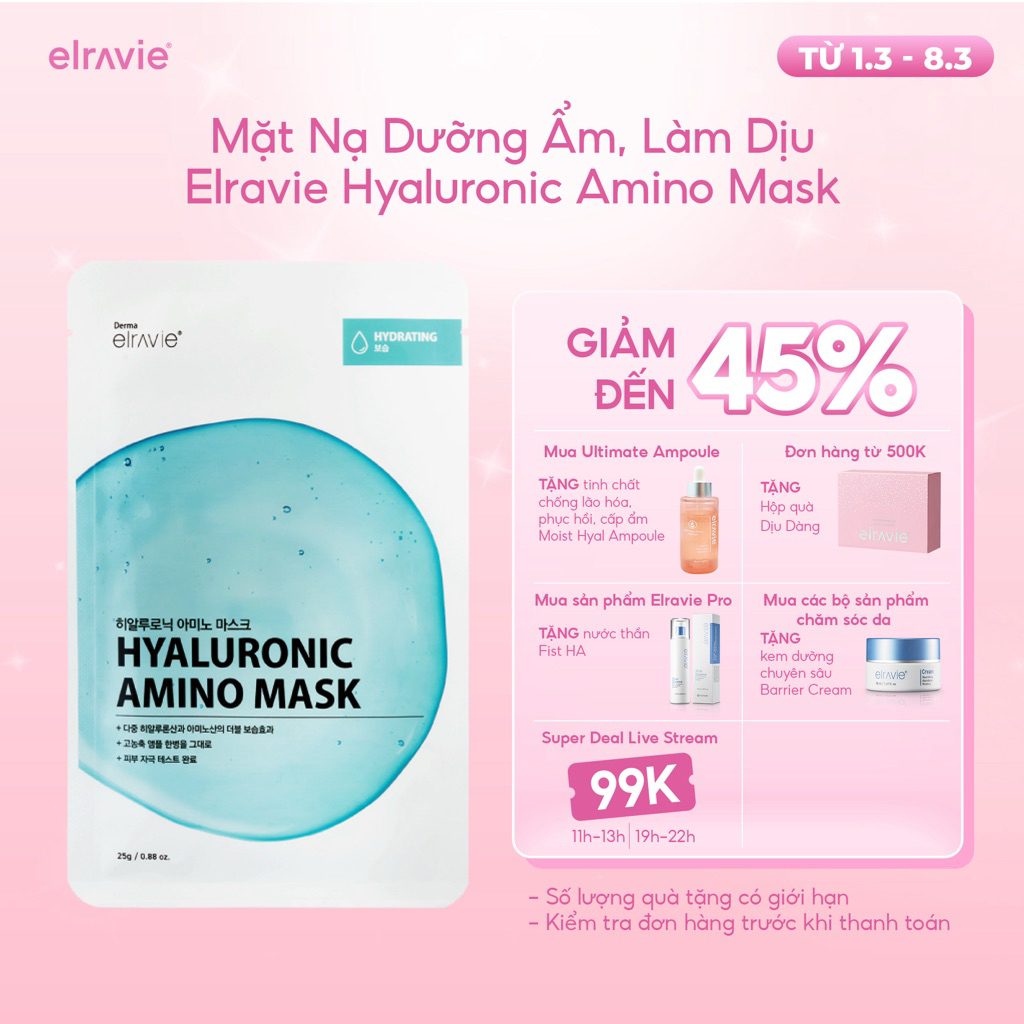 Mặt Nạ Dưỡng Ẩm, Làm Dịu Elravie Hyaluronic Amino Mask Dược Mỹ Phẩm Cao Cấp Hàn Quốc 01 Miếng 25g