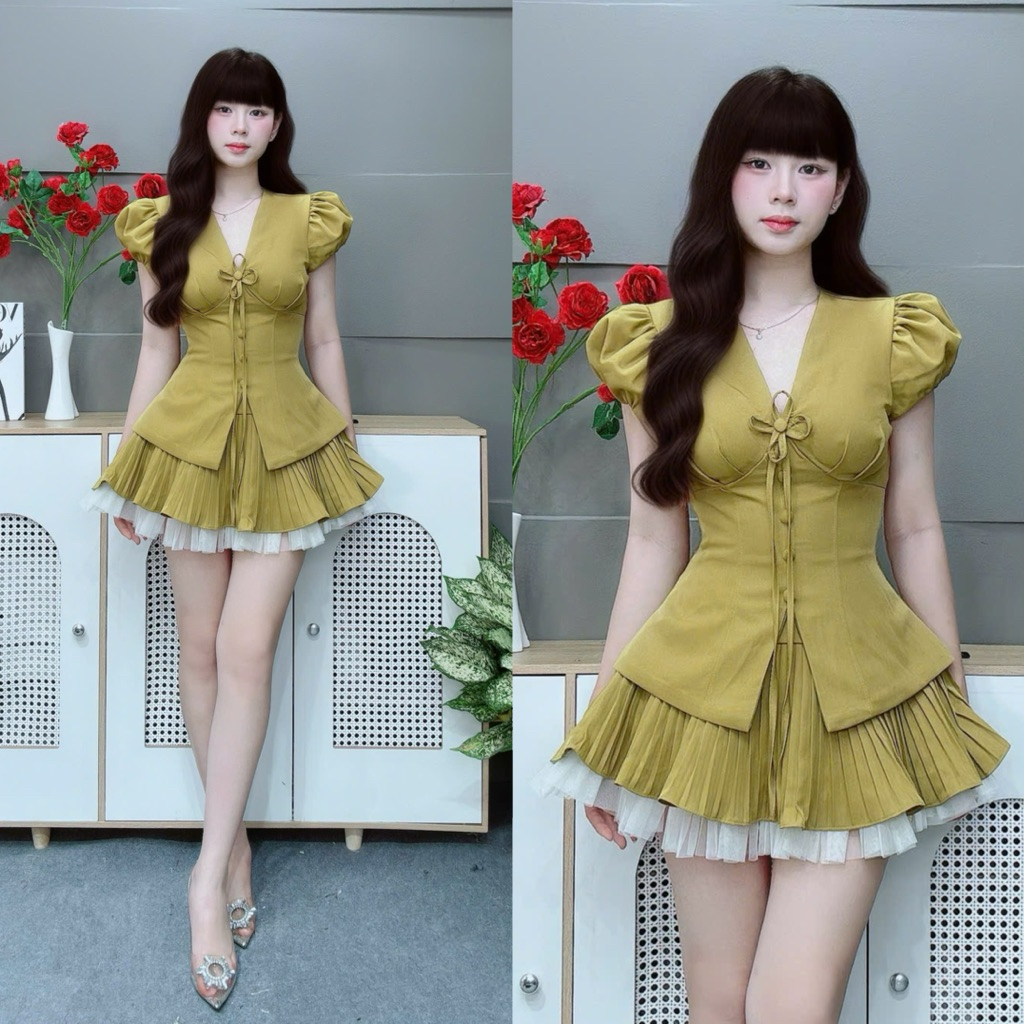 C127 Sét áo cổ V tay búp + chân váy xếp ly viền voan