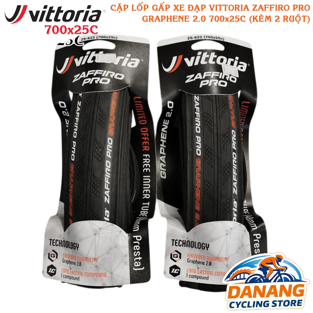 Combo 2 Lốp Gấp 2 Ruột Xe Đạp VITTORIA Zaffiro Pro Graphene 2.0 700x25C – Tank Mềm, Độ Bền Cao, Bám Đường Tốt