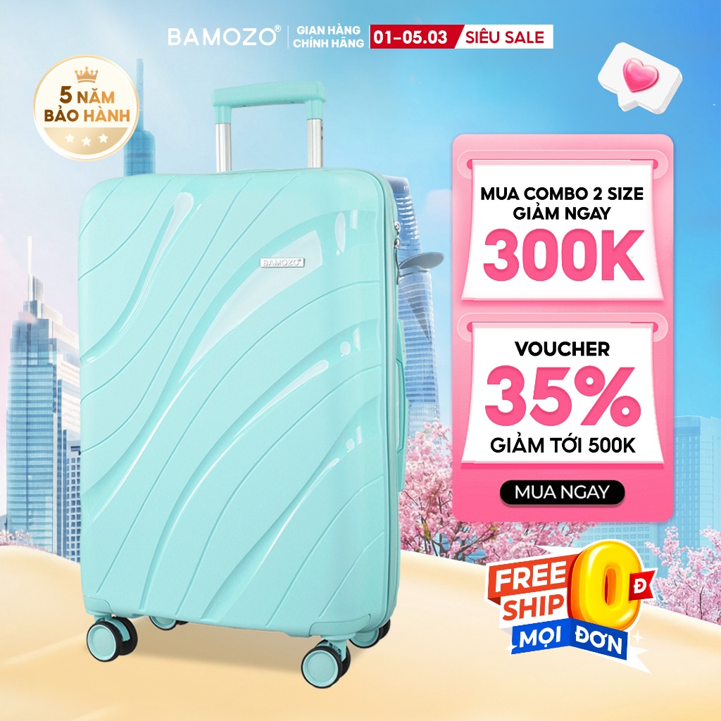 Vali du lịch size 28 Chống vỡ Bamozo nhựa PP cao cấp, khóa kéo chống rạch hai lớp_Nancy