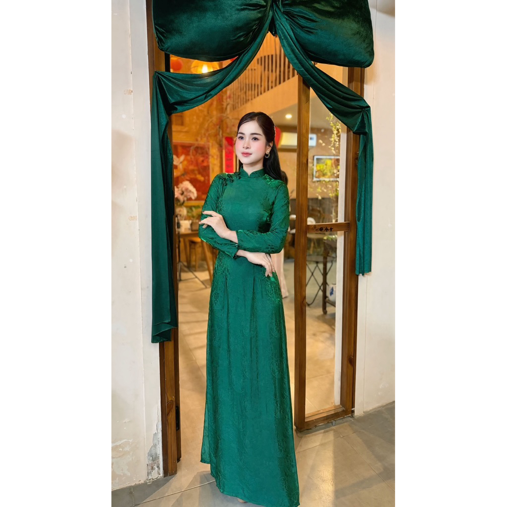 Áo dài tencel Xanh họa tiết Thọ dơi