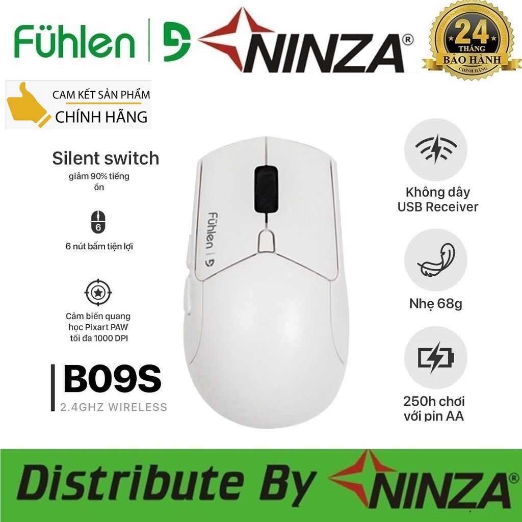 Chuột Không Dây Gaming Fuhlen B09s Dual Modes Silent Switch Giảm Ồn DPI 4000 màu Trắng - Bảo Hành 2 