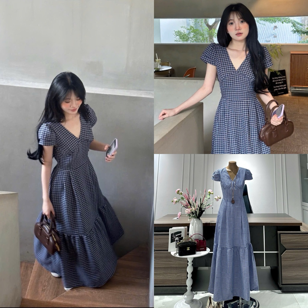 ( Sam’s Clothing ) ĐẦM MAXI KẺ SỌC XANH CỔ V TAY PHỒNG XINH XẮN