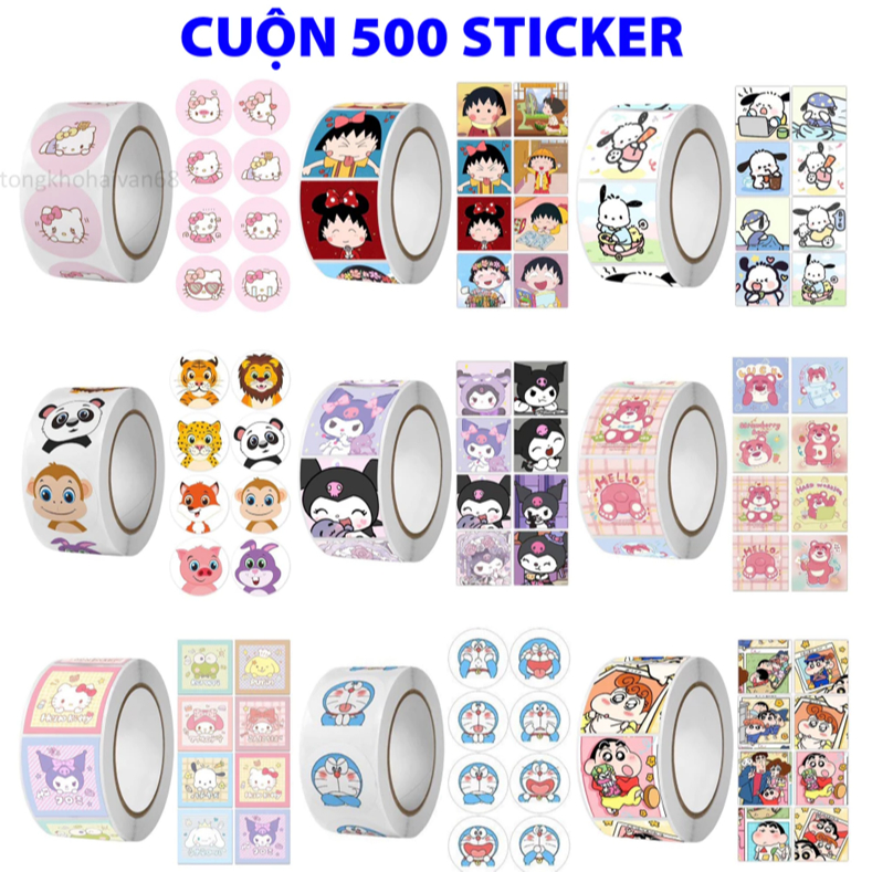 Cuộn 500 hình dán sticker nhiều hình, hình dán trang trí dễ thương, sticker khen thưởng
