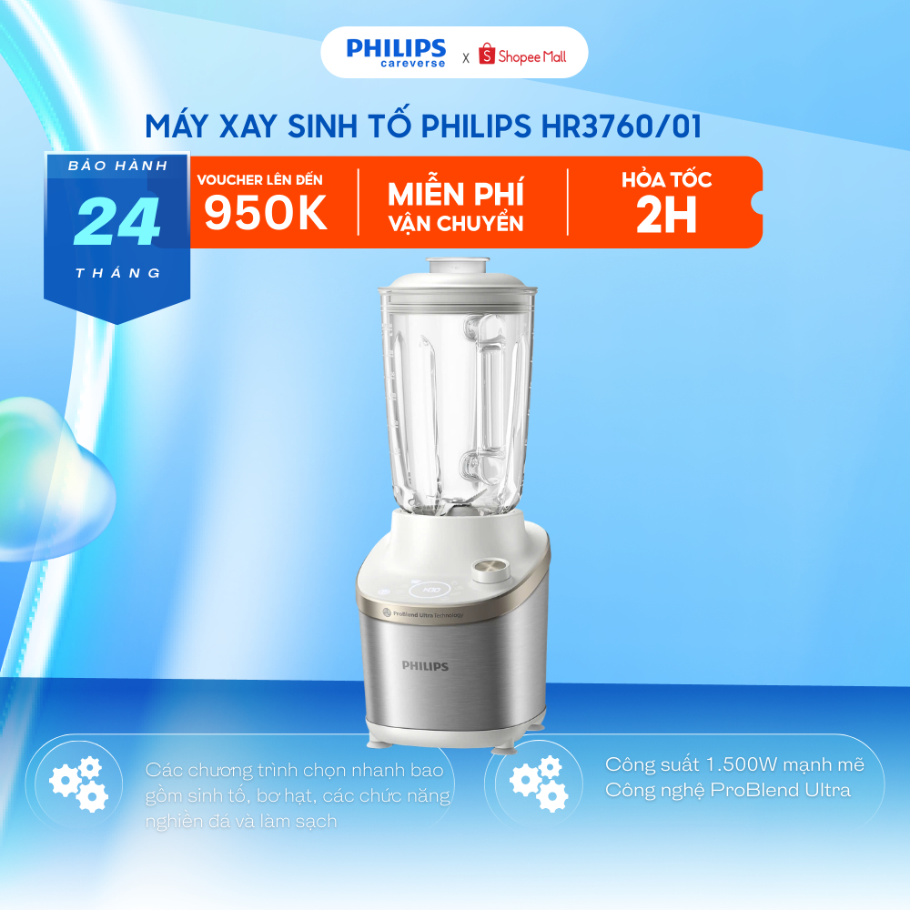 Máy Xay Sinh Tố PHILIPS HR3760/01 (1500W - 1.8L) Cối Xay Thủy Tinh, Xay Đá Nhuyễn Mịn