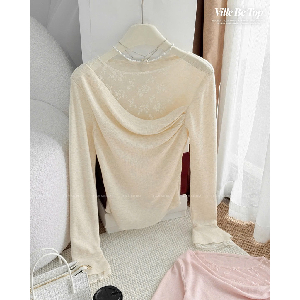 Áo Thun Tay Dài Nữ Cổ Đổ Phối Ren Hoa Ôm Body Tôn Eo Màu Hồng/Kem Style Hàn Jeace Studio