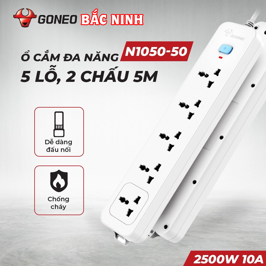 Ổ Cắm Điện Chống Cháy GONEO – 5 Ổ Đa Năng 1 Công Tắc – N1050 – Công Suất 2500W/10A