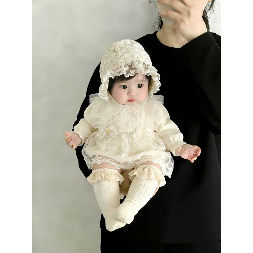Váy công chúa cho bé gái SUSHI BABY SHOP bodysuit liền thân sơ sinh phối ren đính nơ dài tay thu đôn