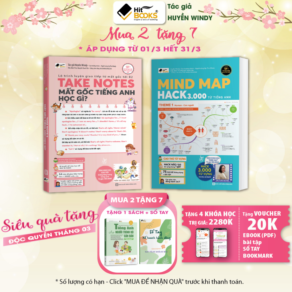 COMBO 2 sách Take Notes, Mindmap 3000 từ vựng tiếng Anh, Tặng Kèm Khóa Học Hitbooks