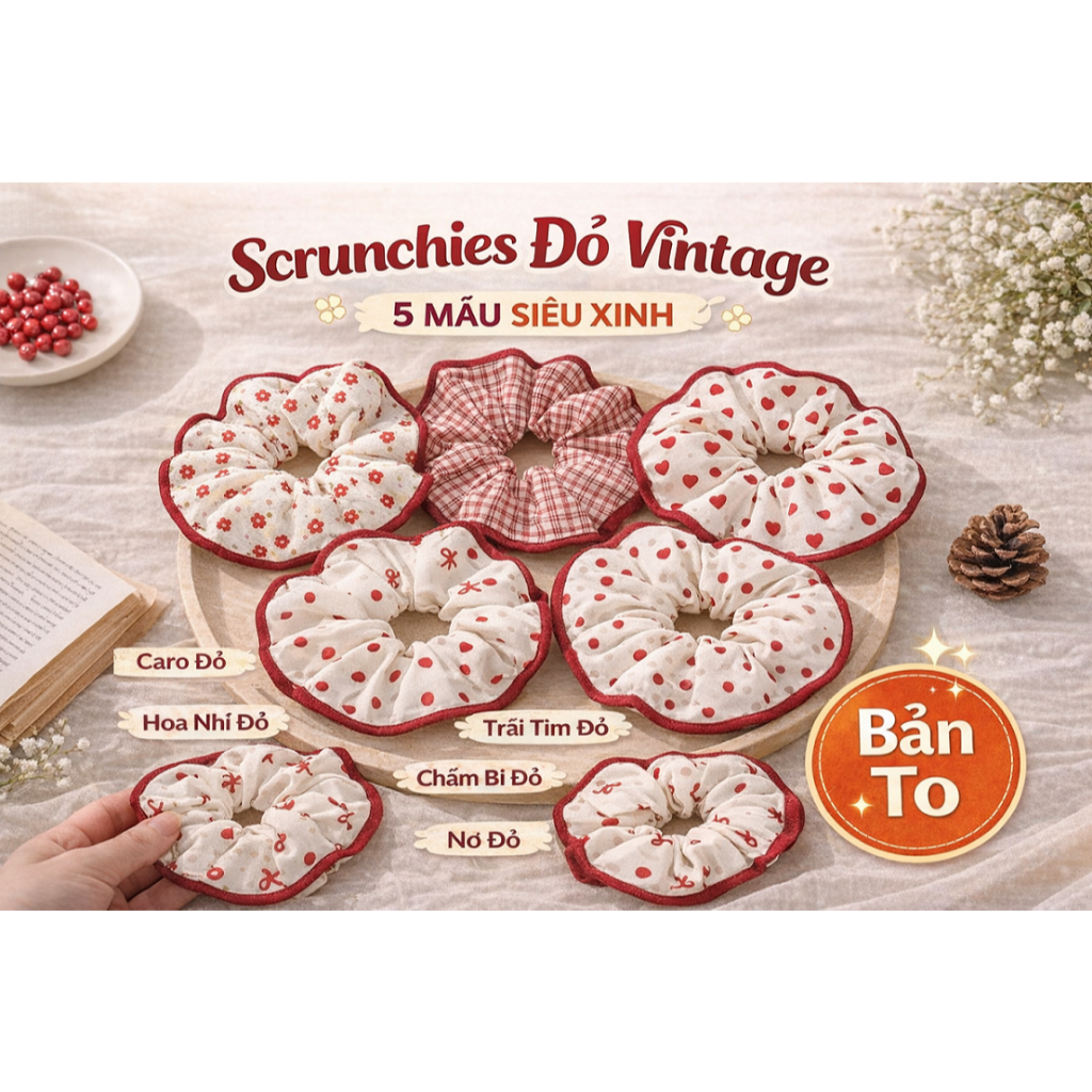Dây Buộc Tóc Vintage Viền Đỏ – Scrunchies Đỏ Họa Tiết Hàn Quốc Phồng Đẹp, Không Đau Tóc