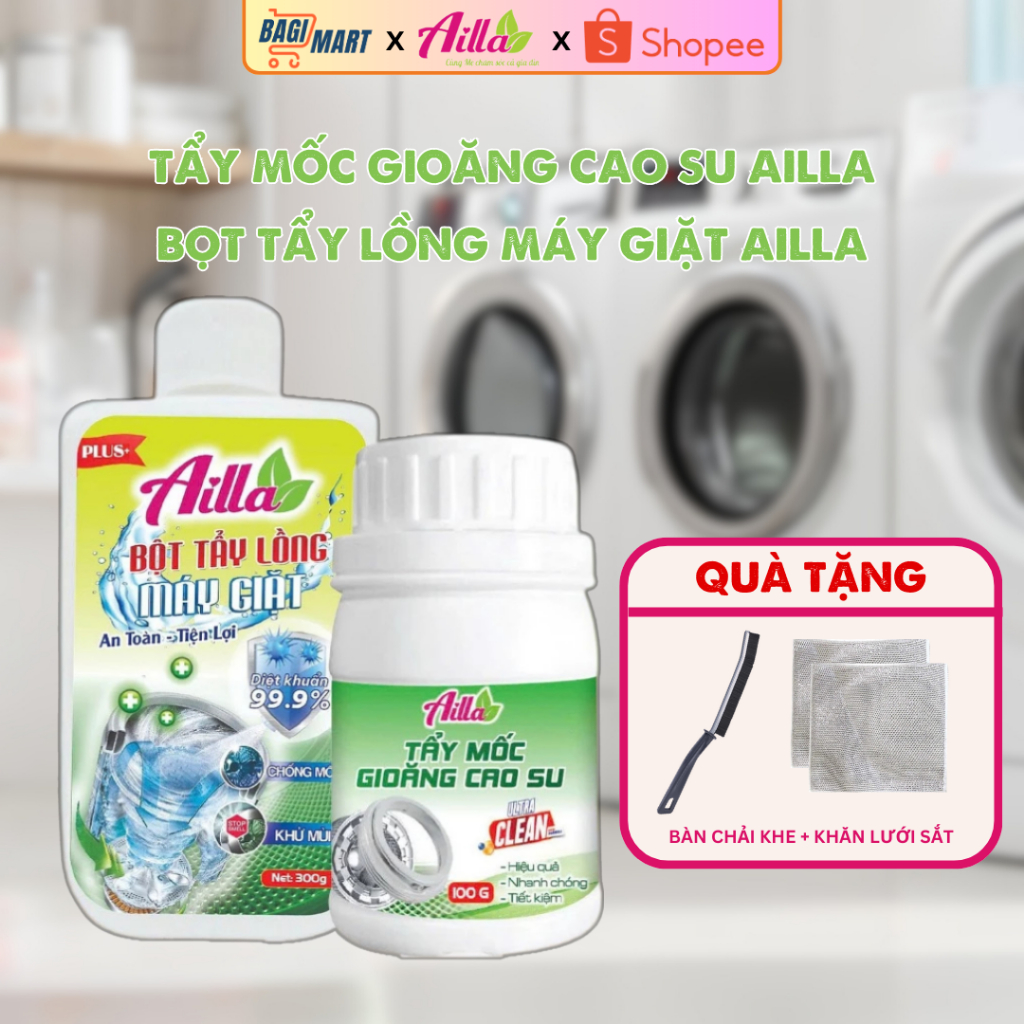 COMBO Siêu tẩy lồng máy giặt Ailla 300G + tẩy gioăng cao su Ailla 100G cho máy giặt, tủ lạnh