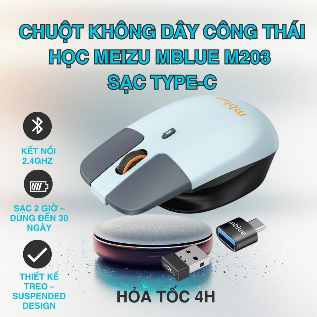 Chuột không dây công thái học MEIZU mblue M203, sạc Type-C, thiết kế dạng treo
