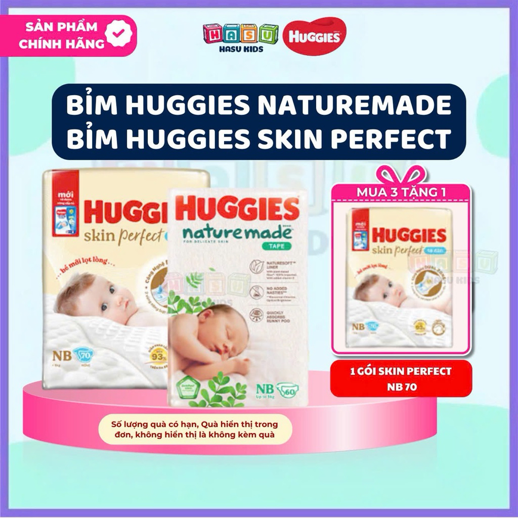 [MUA 3G ĐƯỢC 4G] COMBO 3G Tã dán Huggies Skin Perfect NB70+4 Hoặc Tã dán Huggies Nature Made NB60