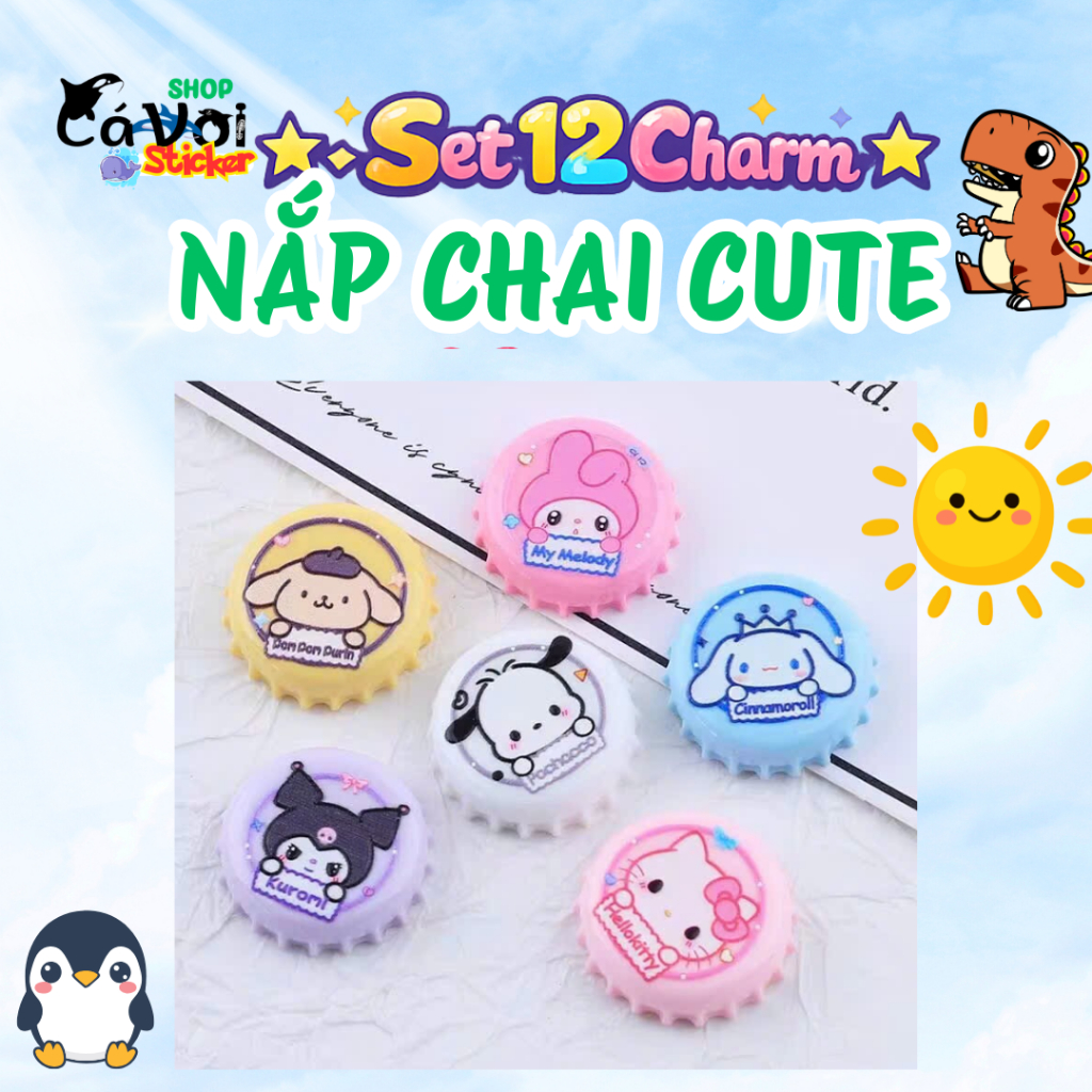 Set 12 charm : Nắp chai cute -Set Charm Hello Kitty Kuromi Melody Pochacco - charm gắn dép siêu yêu