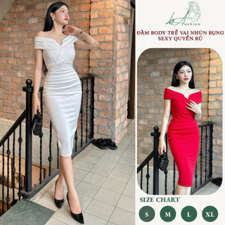 Đầm Body Dự Tiệc Thiết Kế Trễ Vai Nhún Bụng Dáng Bút Chì Chất Liệu Umi Hàn Co Giãn Bigsize 40-65Kg