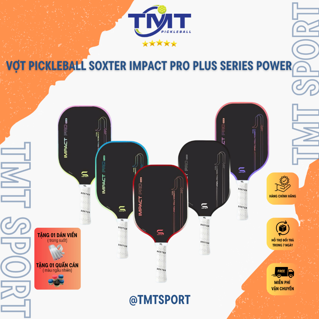 Vợt Pickleball SOXTER Impact Pro Plus Series Power-16mm Mặt Đen Carbon T700 Toray Siêu Nảy, Siêu Bền