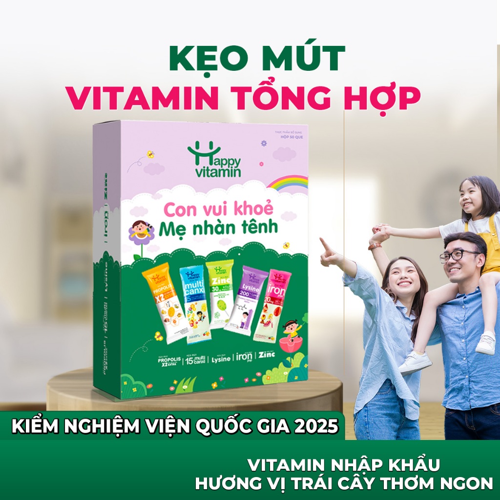 Hộp kẹo Vitamin Tổng Hợp - Happy Vitamin - Bổ sung Sắt, Kẽm, Canxi, Lysine, Keo Ong Cát cánh Lê Gừng - Date Mới Nhất