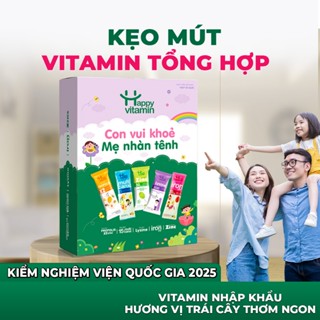 Hộp kẹo Vitamin Tổng Hợp - Happy Vitamin - Bổ sung Sắt, Kẽm, Canxi, Lysine, Keo Ong Cát cánh Lê Gừng - Date Mới Nhất