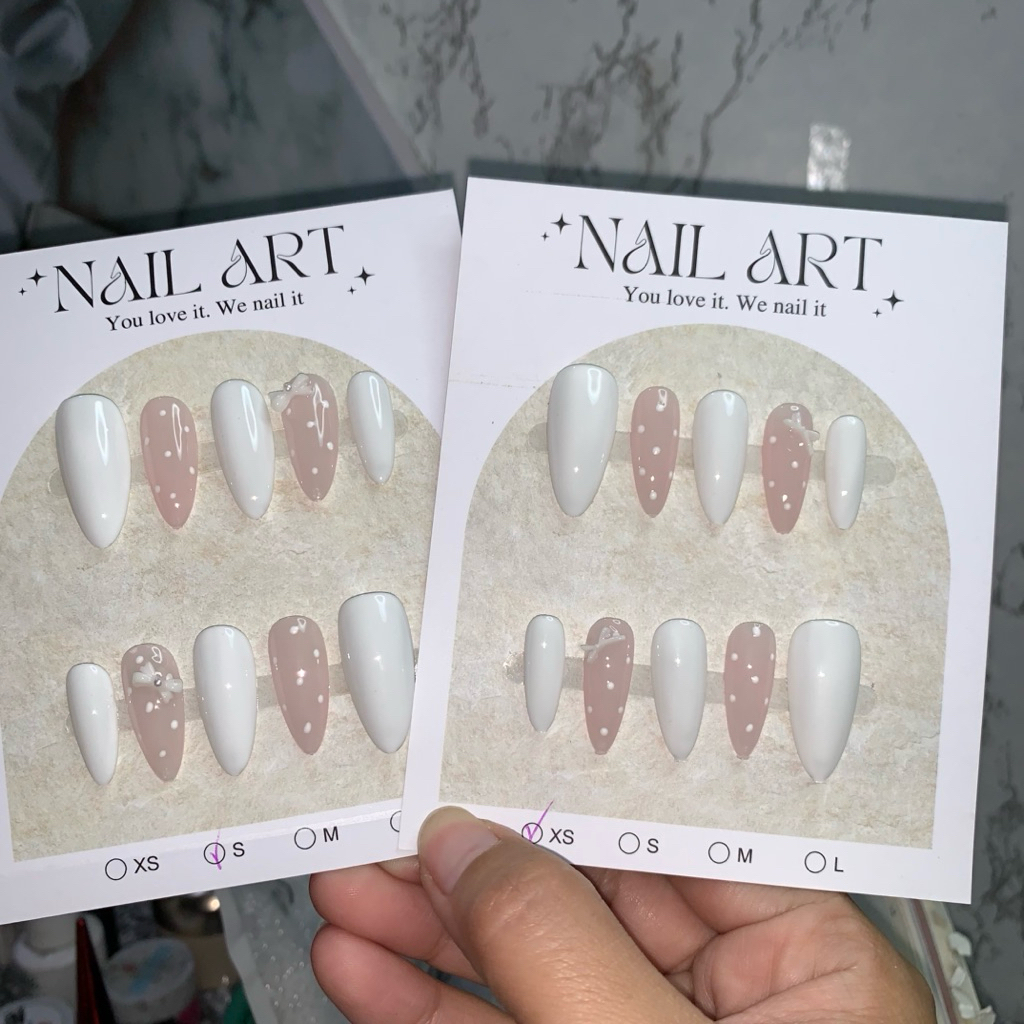 NailBox Huỳnh Thơ - Nail Trắng Sữa Mix Hồng Thạch Chấm Bi Đính Nơ Nhẹ Nhàng Cute