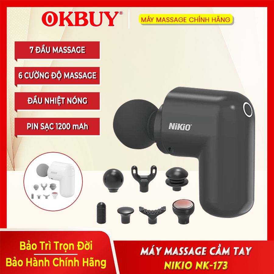Súng Massage Cầm Tay Mini Nikio NK-173 - 50W, 7 Đầu Massage, Có Đầu Nóng, Trắng/Đen