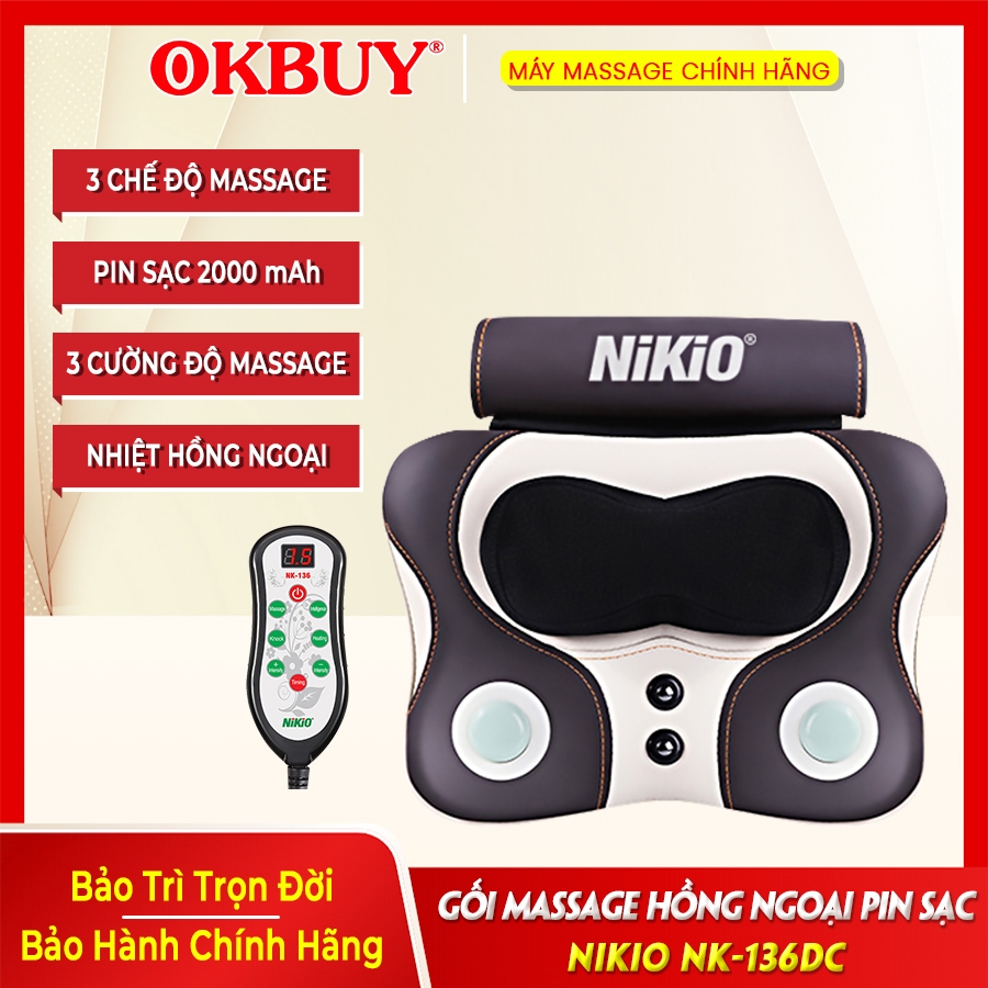 Gối Massage Cổ Vai Gáy Nikio NK-136AC - Xám Đen, Kích Thước 350x110x260mm