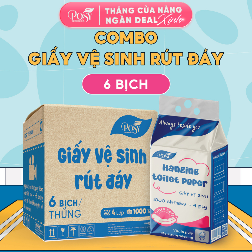 POSY-S4-[DEAL MỞ BÁN]_Thùng 6 bịch giấy vệ sinh rút đáy Posy 1000 tờ 4 lớp mềm dai , thấm hút và an 