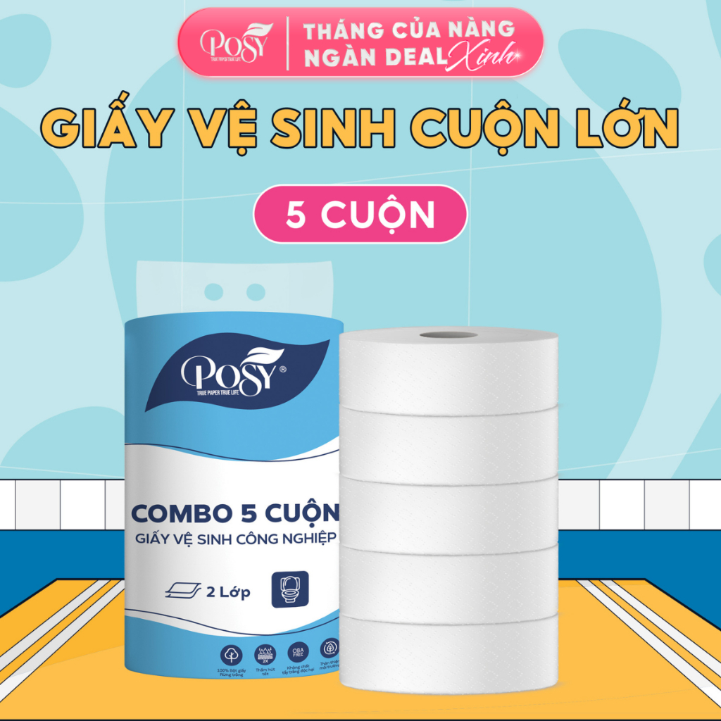COMBO 5 CUỘN GVS POSY công nghiệp 700gr 2 lớp, mềm mịn, nhẹ diu, giấy vệ sinh nhà hàng, khách sạn