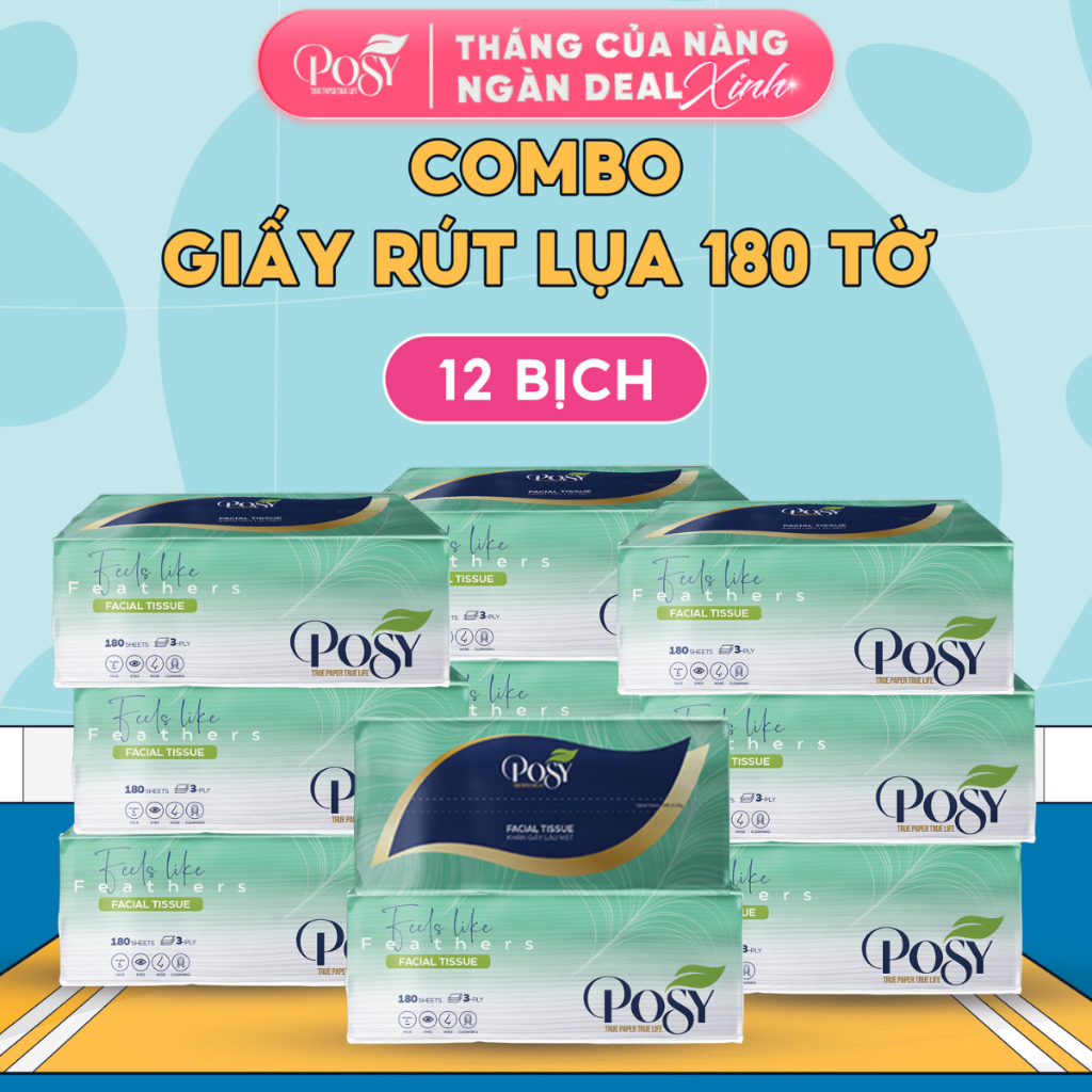 POSY-S4- COMBO HỨNG KHỞI_ THÙNG 12 GÓI GIẤY LỤA POSY 180 TỜ 3 LỚP MỀM MẠI ÊM ÁI LAU TRÊN DA