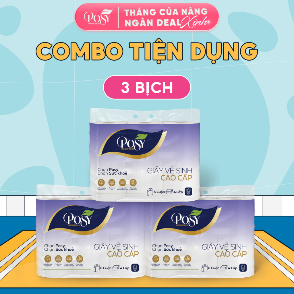 POSY- S4- COMBO 3 BỊCH GIẤY VỆ SINH POSY 6 CUỘN 4 LỚP MỀM DAI, ÊM ÁI GIẤY VỆ SINH  4 LỚP