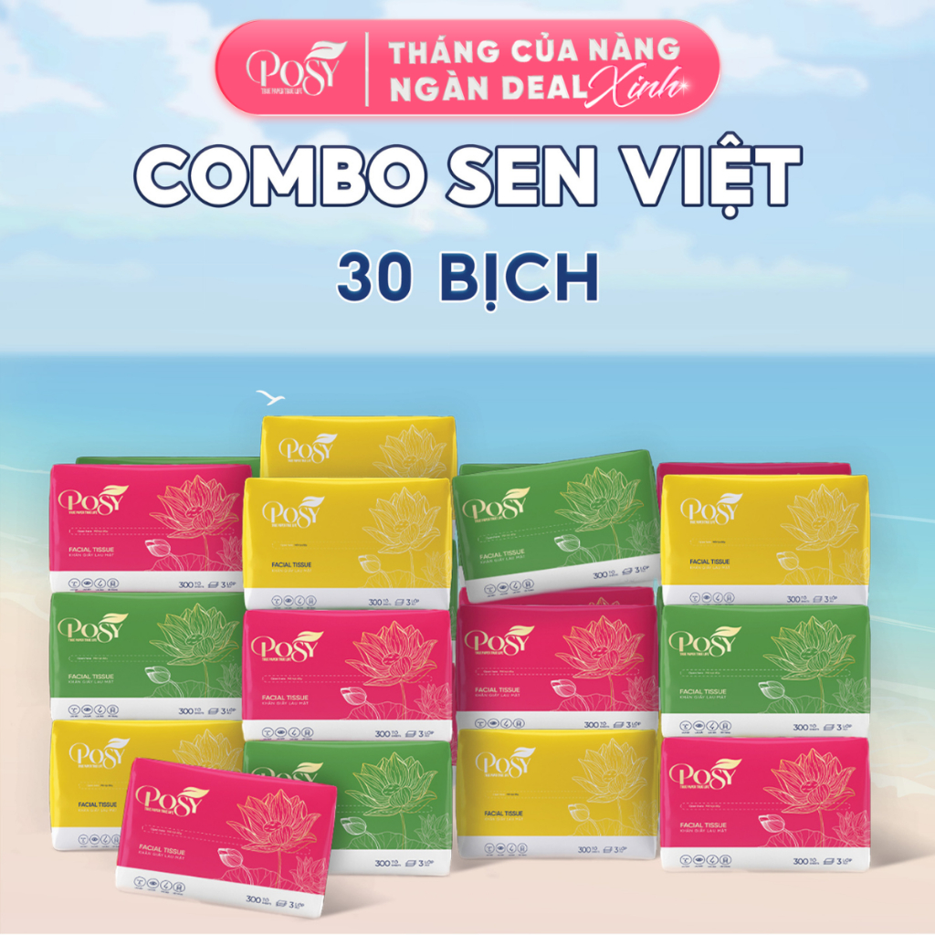 Thùng 30 gói Giấy ăn rút cao cấp POSY LOTUS, Thùng 30 gói 300 tờ 3 lớp, mềm mịn tiện dụng cho mọi gia đình