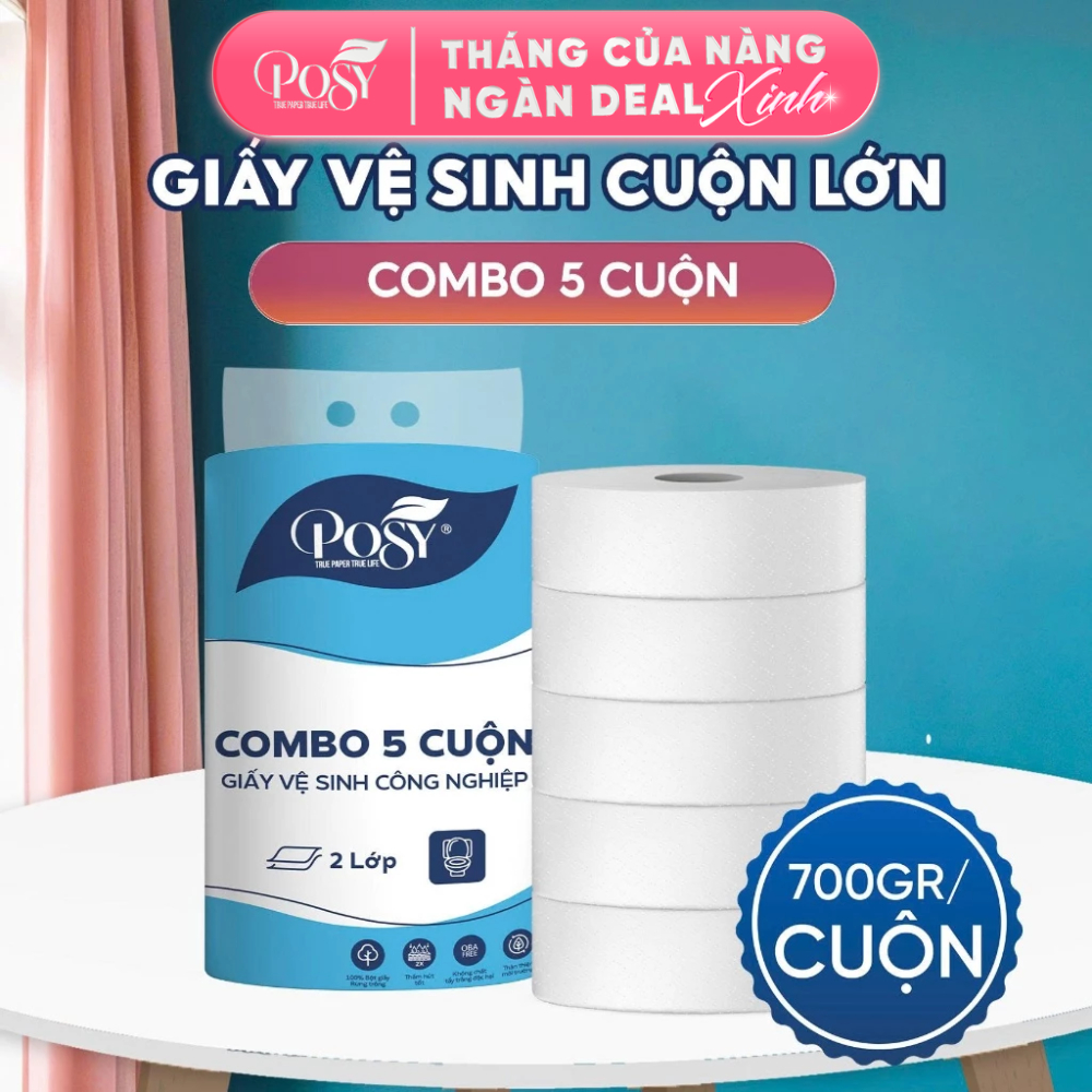 POSY_COMBO 5 CUỘN Giấy Vệ Sinh Cuộn Lớn Posy 700g, 2 Lớp Tiết Kiệm Cho Văn Phòng, Công Ty