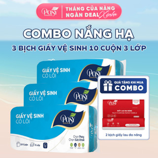 S5_POSY - COMBO NẮNG HẠ 3 bịch Giấy vệ sinh 10 cuộn 3 lớp, 1.6kg/bịch - mềm mịn -  an toàn cho da