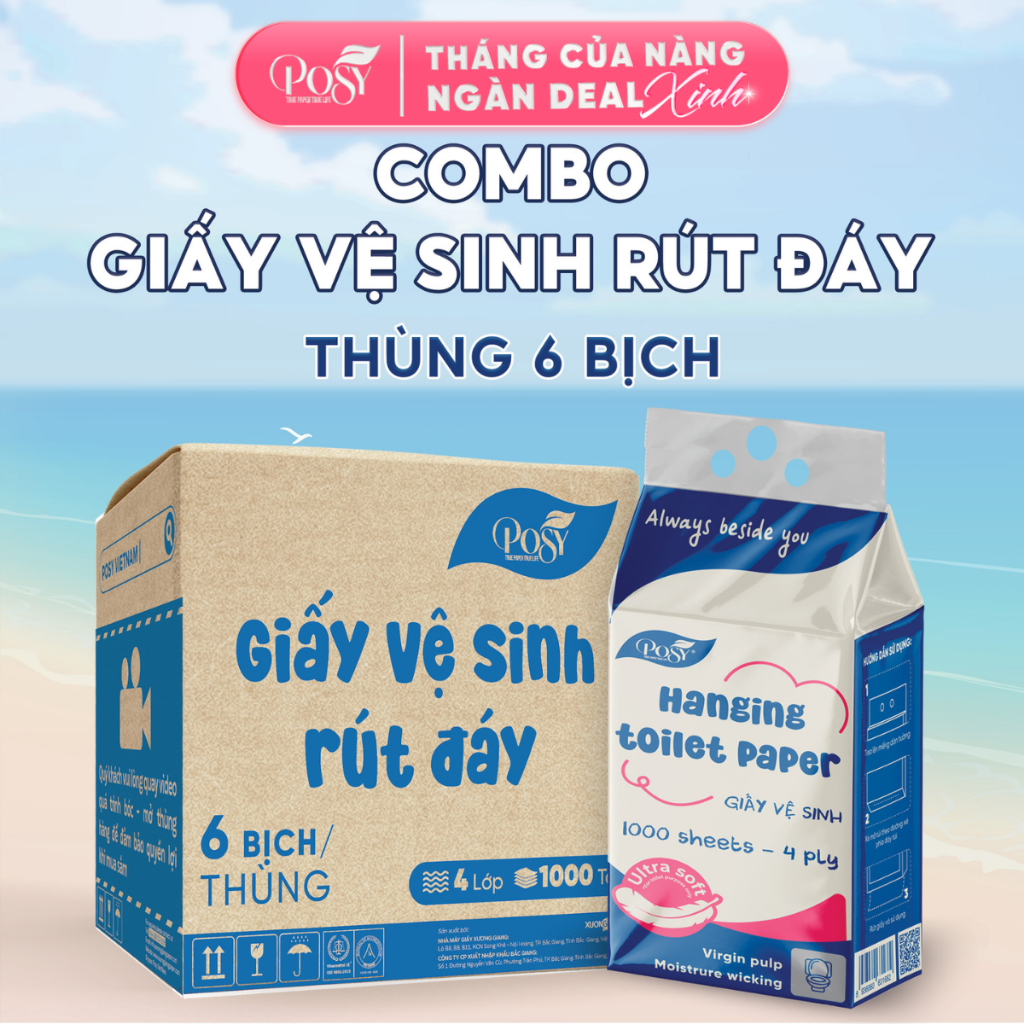 [LIVE KOL] S5_ Thùng 6 bịch giấy vệ sinh rút đáy Posy 1000 tờ 4 lớp dập vân 4D mềm mại, êm ái, sử dụ