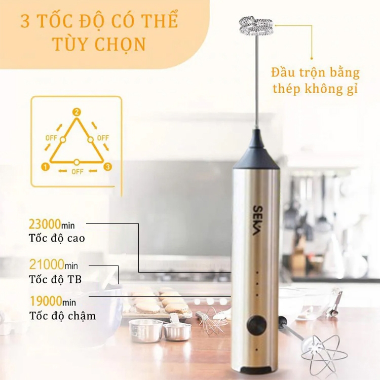 Máy đánh trứng cầm tay mini Máy tạo bọt cafe 3 tốc độ điều chỉnh sử dụng pin sạc