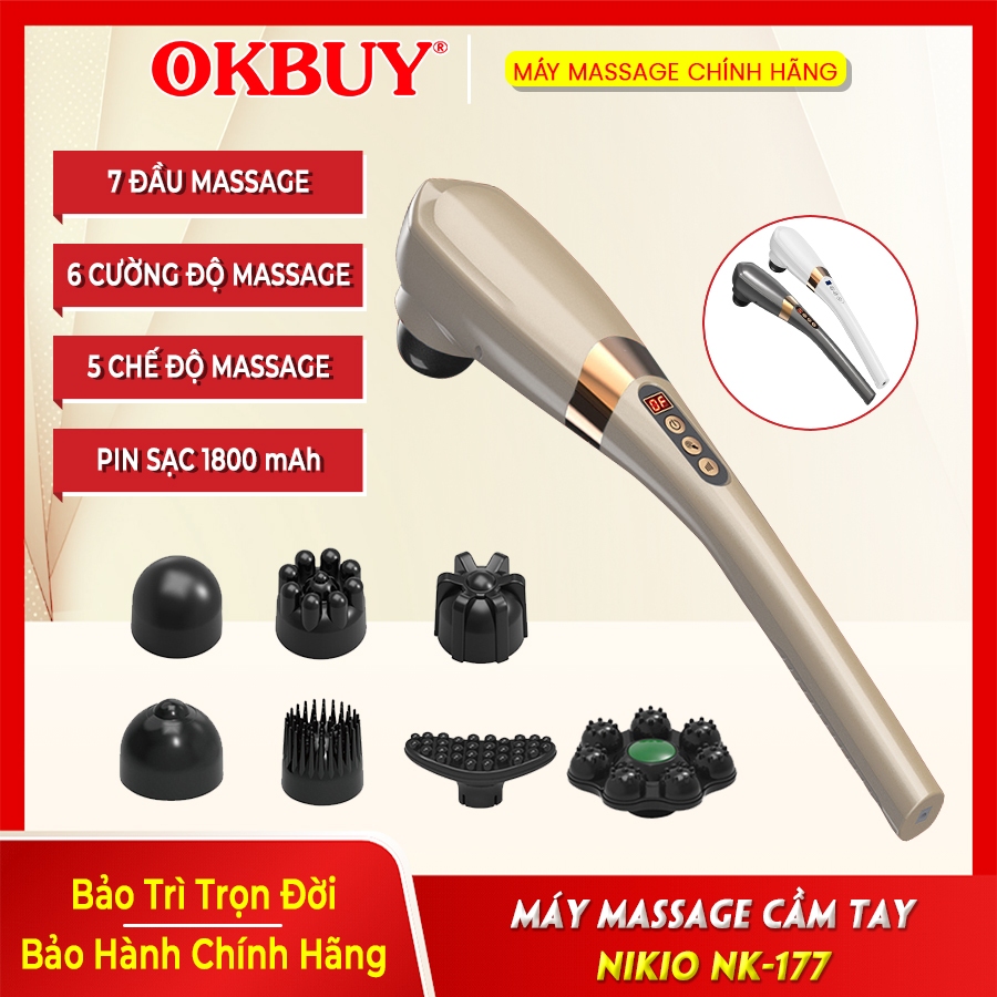 Máy massage cầm tay Nikio NK-177 - 7 đầu mát xa, 15 chế độ và 15 tốc độ, pin sạc Li-ion 1800mAh