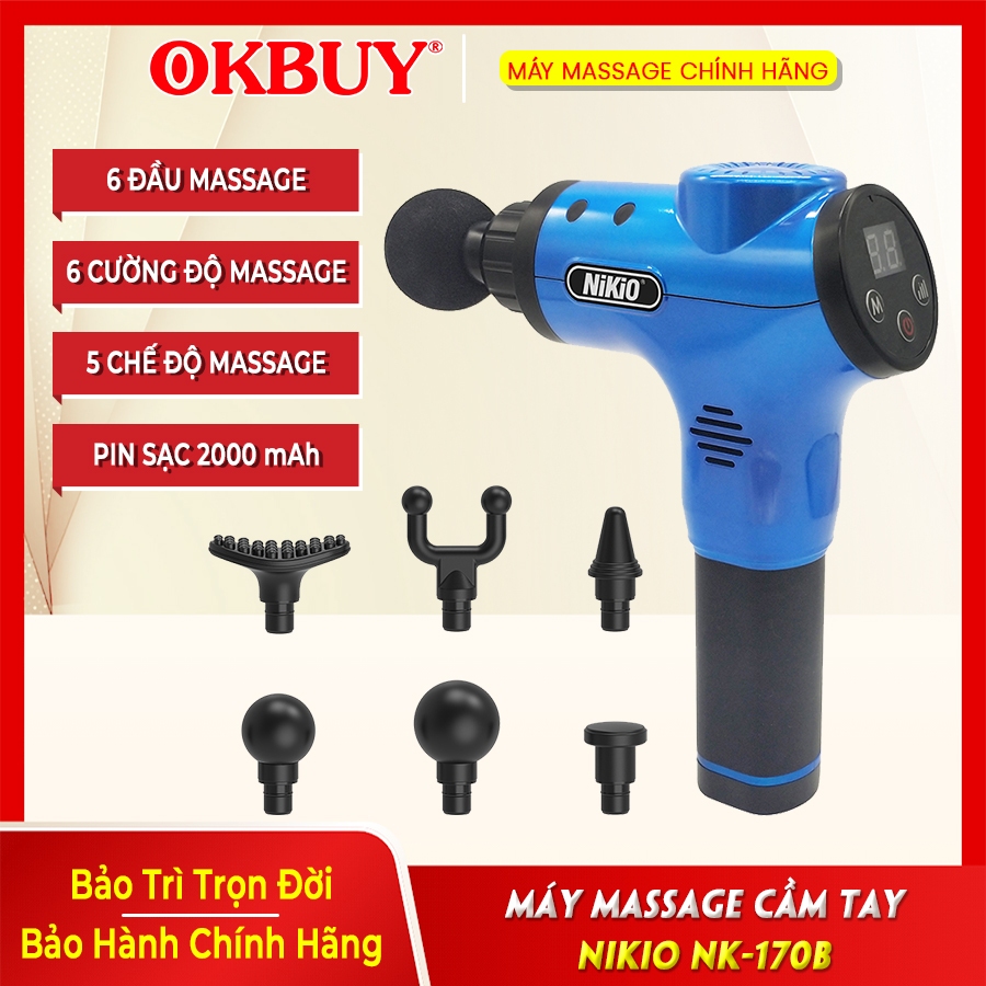 Súng Massage Cầm Tay Nikio NK-170B - 6 Đầu, 5 Chế Độ, Pin Sạc Không Dây, Đỏ/Xanh