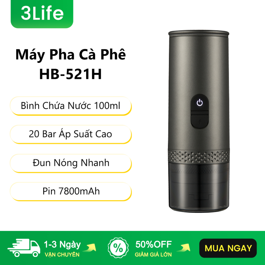 3Life Máy Pha Cà Phê HB-521H 20 Bar Áp Suất Cao Đun Nóng Nhanh Pin 7800mAh Coffee Machine Máy Pha Cà