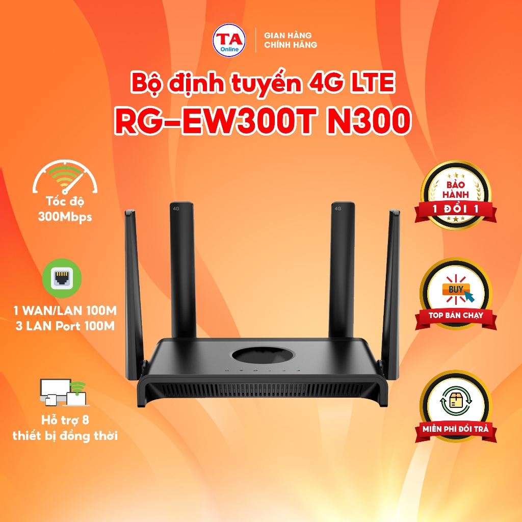 Bộ phát WiFi 4G LTE 300Mbps RG-EW300T (1) WAN/LAN Port 100M & (3) LAN Port 100M - Hỗ trợ 8 users