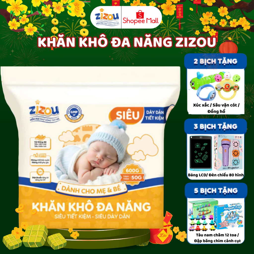 Khăn khô đa năng cho bé ZIZOU Cao Cấp dành cho mẹ và bé An toàn Dày Dặn Bề Mặt Chấm Bi Vải Không Dệt 900+50