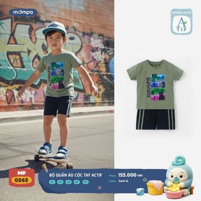 Bộ cộc tay cho bé Mompa 1-5 tuổi vải Cotton Actif co giãn thoáng mát nhanh khô DQ MP 0265