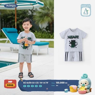 Bộ cộc tay cho bé Mompa 1-5 tuổi vải Cotton Actif co giãn thoáng mát nhanh khô DQ MP 0266