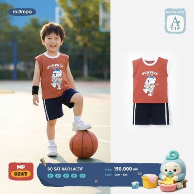 Bộ ba lỗ cho bé Mompa sát nách 1-5 tuổi vải Cotton Actif co giãn thoáng mát nhanh khô DQ MP 0267