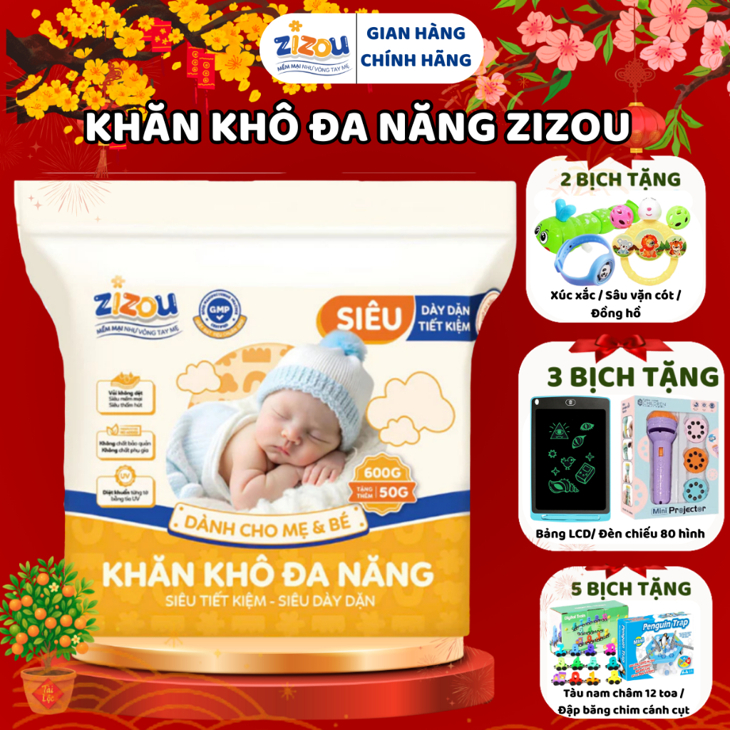 Khăn Khô Đa Năng Zizou Túi 650/950g Vải Không Dệt Tiệt Trùng UV Mềm Mại, Dày Dặn, Không Hóa Chất