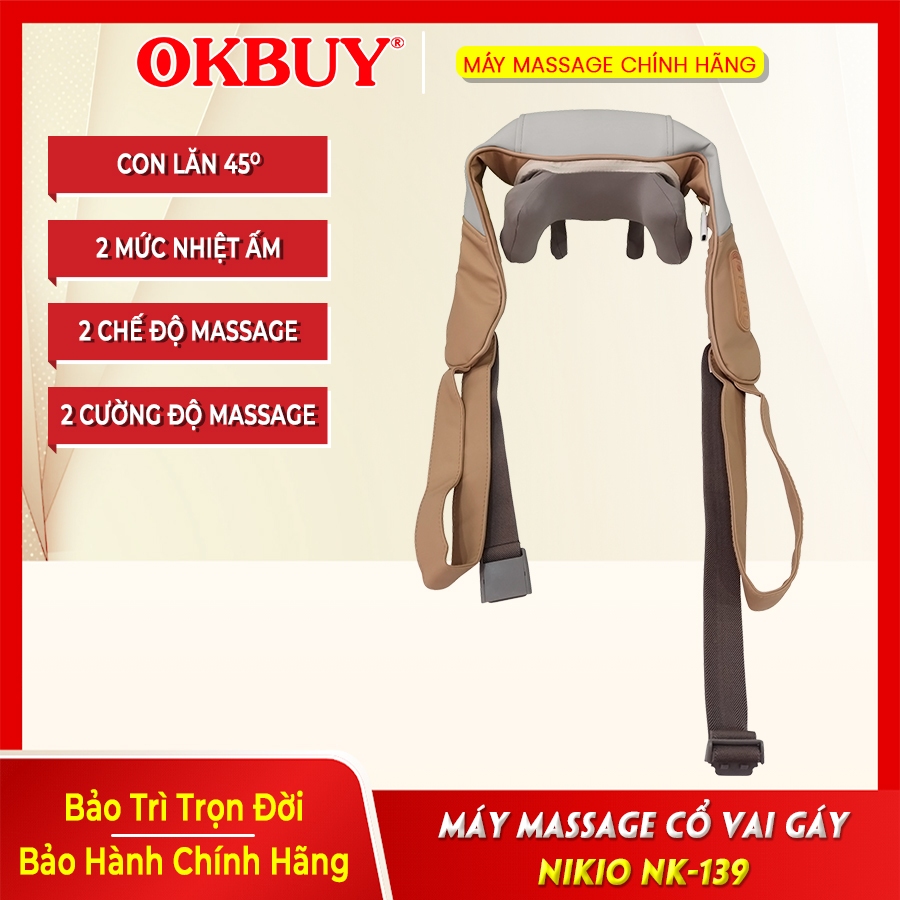 Máy Massage Cổ Vai Gáy Nikio NK-139 - Nâu, Pin Sạc, Nhiệt Nóng, Động Cơ 3D